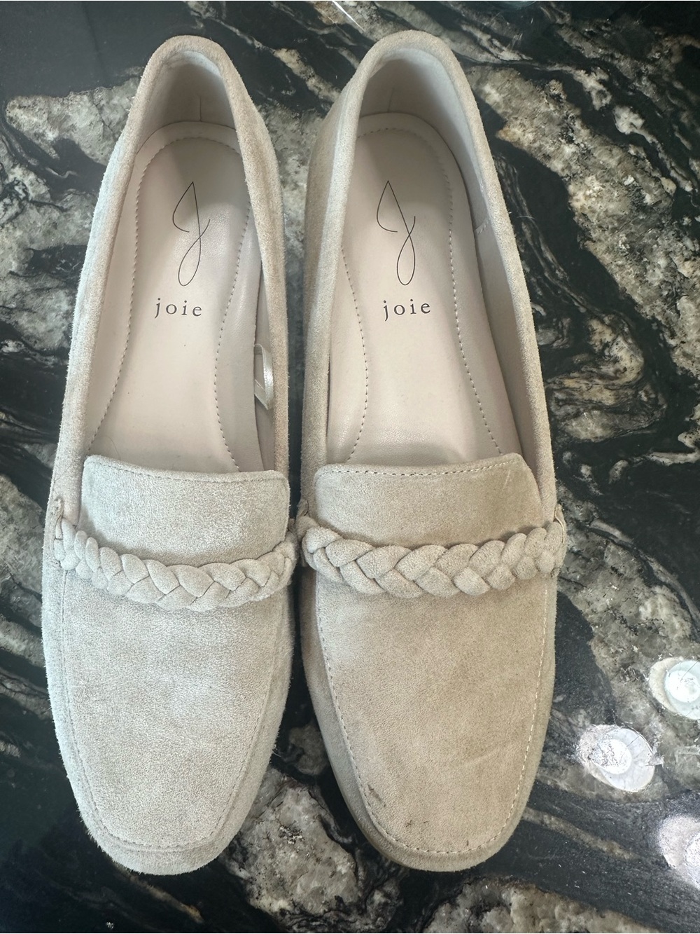 Joie Light Beige Suede Braided Penny Loafers